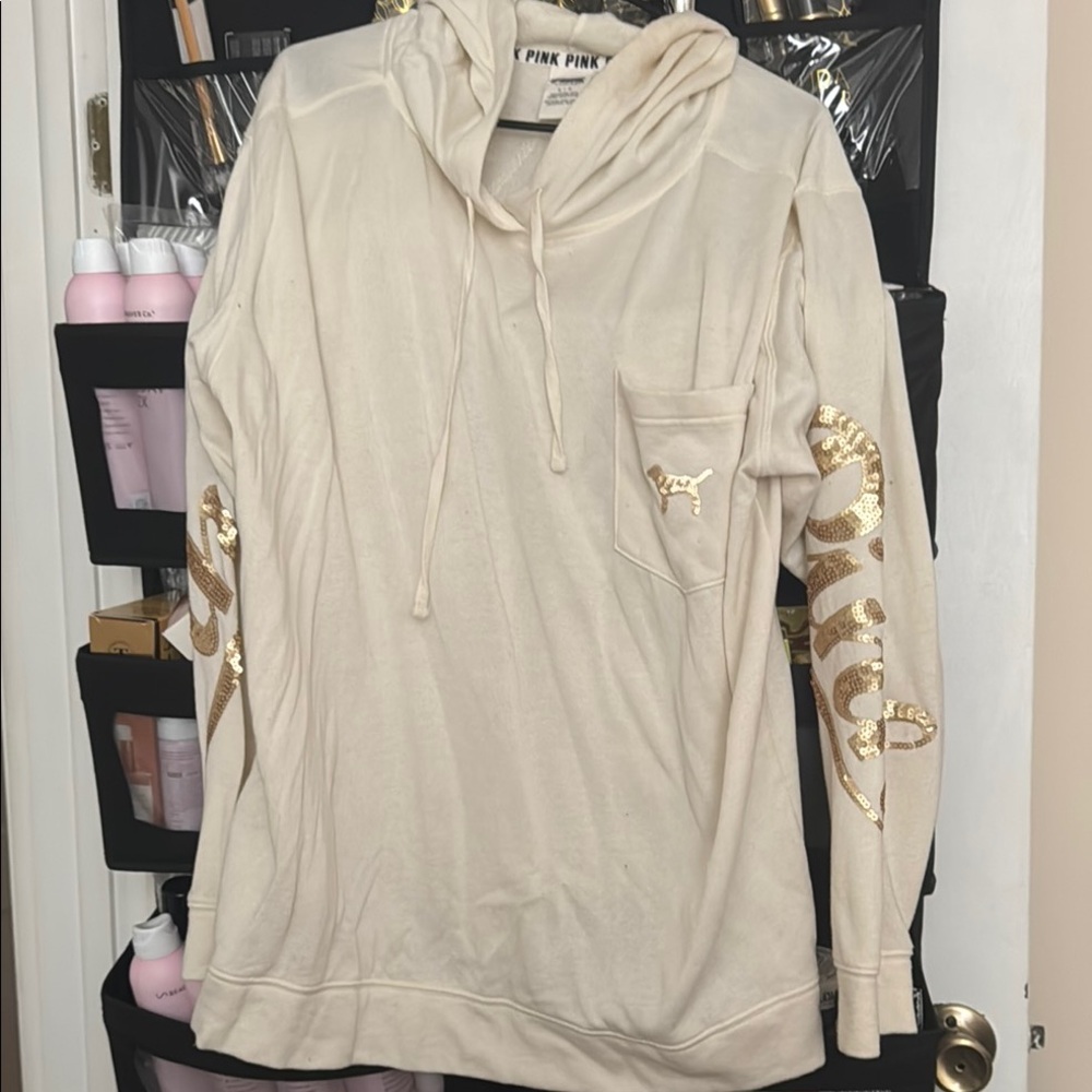 PINK Victoria's Secret Cream Hoodie with Gold Sequins